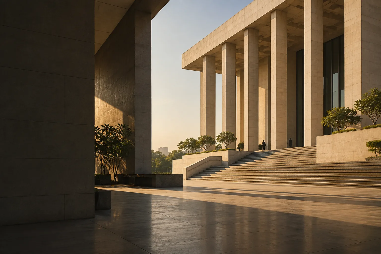 Contemporary stone architecture in afternoon light