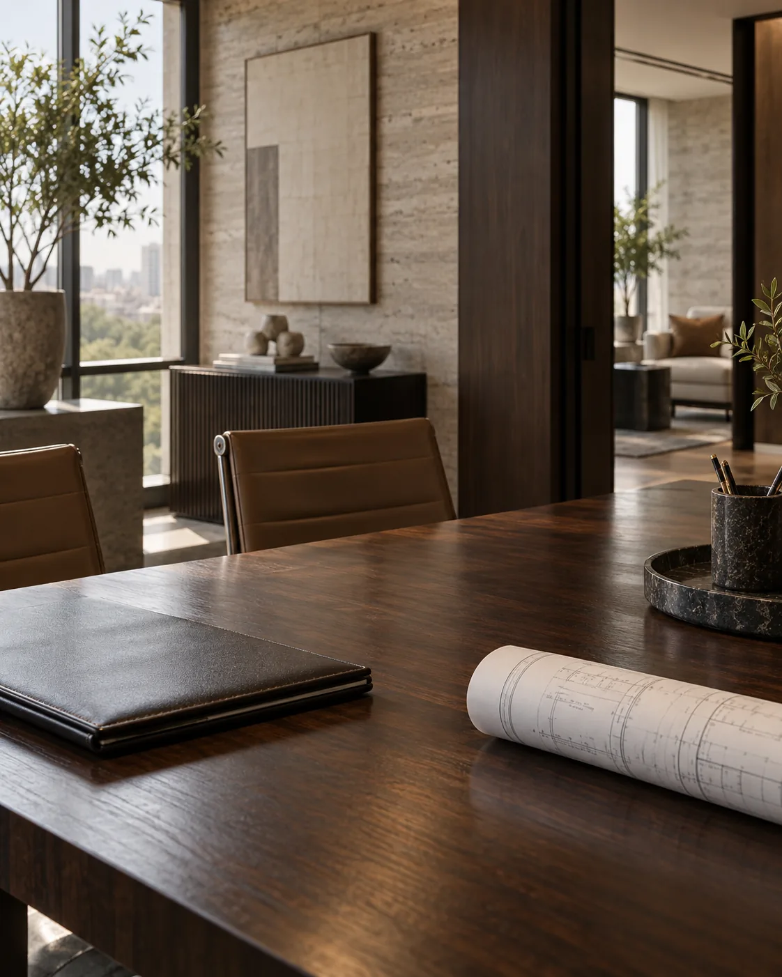 Quiet legal office with a dark timber table and architectural plans