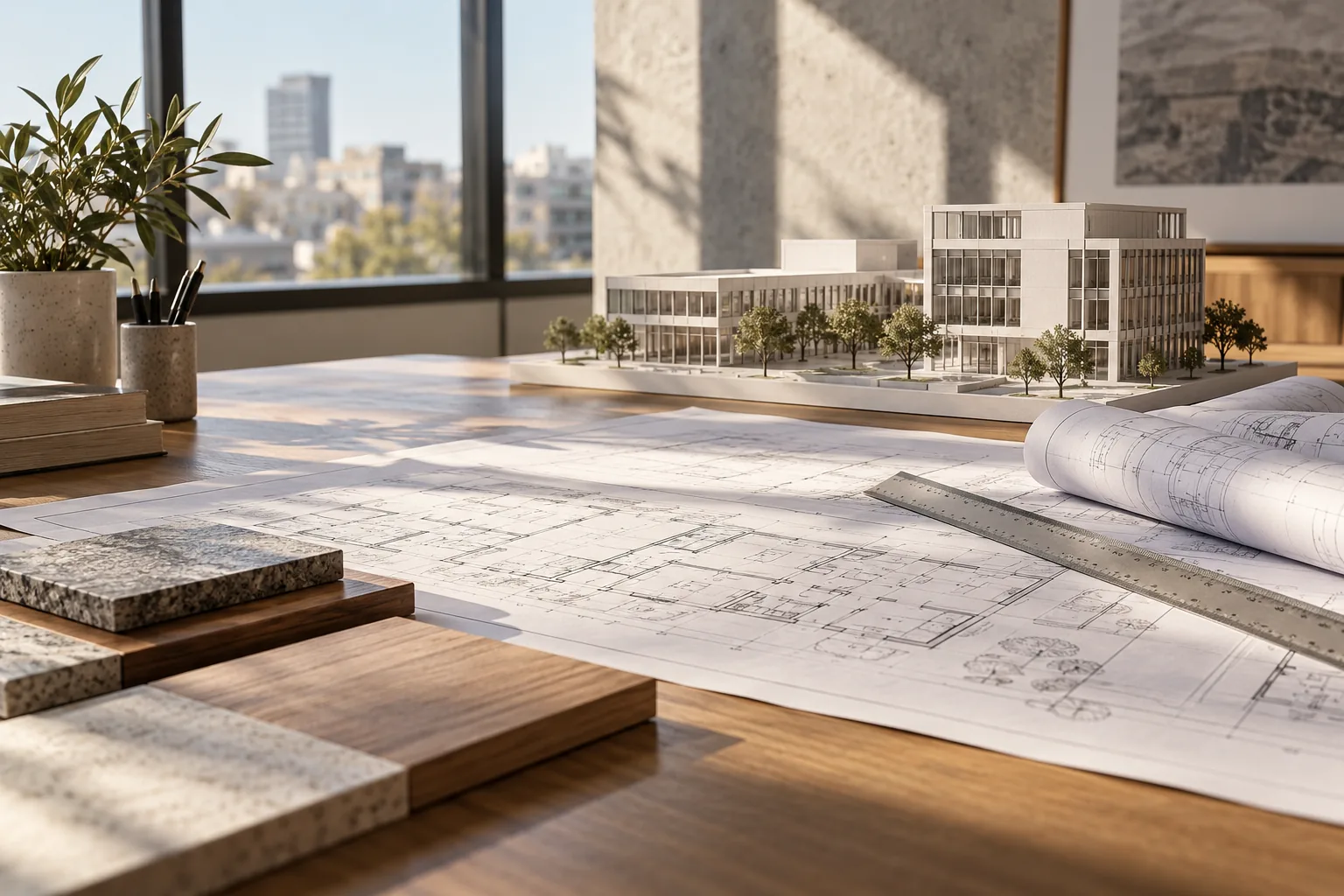 Architectural plans and a scale model of commercial buildings